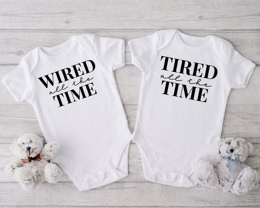 Twin Onesie Set- Wired All The Time, Tired All The Time Onesie®